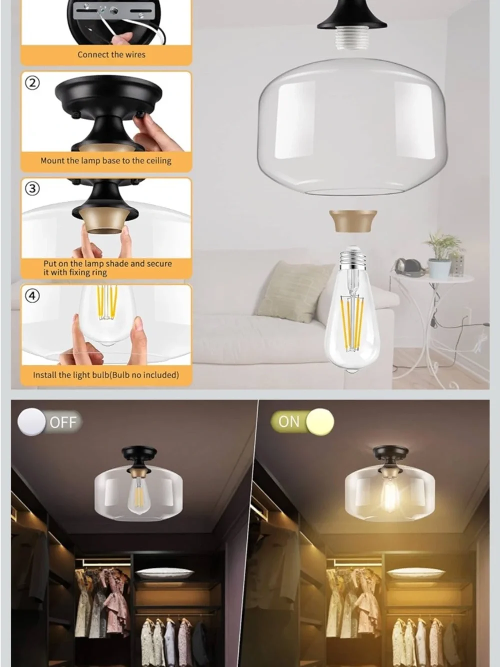 Clear Glass Semi-Flush Ceiling Lantern in Black and Gold